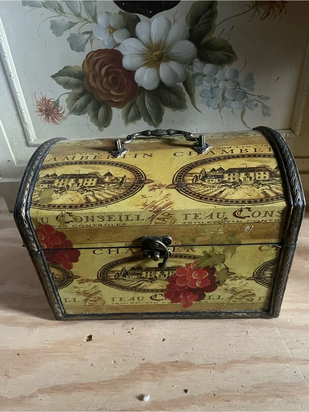Vintage-Style Decorative Trinket Chest in Yellow with Red Grape Motif